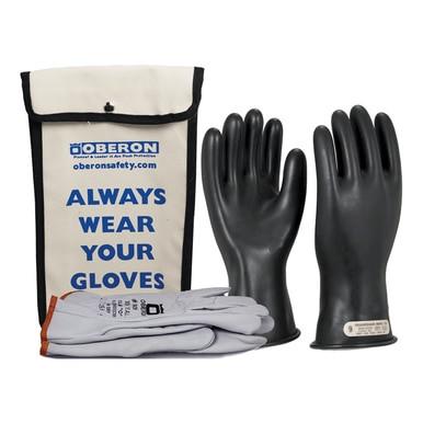 Displayed beside a stylish canvas bag are the Oberon Class 00 Rubber Electrical Glove Kits GLVKT-BRC00, featuring black rubber electrical gloves and white protective gloves. The bag, with its sleek black top and white body, is emblazoned with "ALWAYS WEAR YOUR GLOVES" along with a website URL, emphasizing the importance of insulating protection.