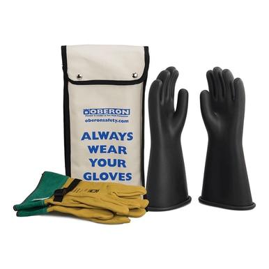 The Oberon Class 1 Rubber Electrical Glove Kits GLVKT-BRC1 includes a pair of black rubber electrical gloves designed for insulating protection and yellow leather gloves with green cuffs. This kit comes with a canvas bag labeled "Always Wear Your Gloves" from the trusted brand, Oberon, ensuring NFPA 70E compliance.