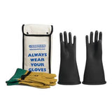 The Oberon Class 2 Rubber Electrical Glove Kit GLVKT-BRC2 provides a complete safety solution, including black rubber electrical gloves and yellow leather gloves for insulating protection. It also comes with a white storage bag labeled "Always Wear Your Gloves," featuring the Oberon logo and website.