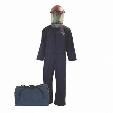 The Oberon HRC2 Series Lightweight Economy Arc Flash Kit, featuring a flame-resistant cotton blue protective suit with a clear face shield helmet, is displayed alongside a matching blue carrying bag.