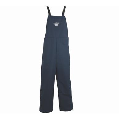 Dark blue Oberon LAN40 Series Arc Flash Bib Overalls with black straps, featuring a small logo on the chest. Crafted from flame-resistant fabric with an impressive arc rating of 42 cal/cm², these overalls are displayed against a plain white background.