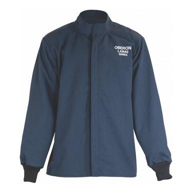 A navy blue protective jacket designed from flame-resistant material, featuring a high collar and black cuffs, with "Oberon LAN40 Series" printed on the upper left front. Boasting an impressive arc rating of 42 cal/cm², this jacket is ideal for safety or industrial use, particularly in arc flash environments.