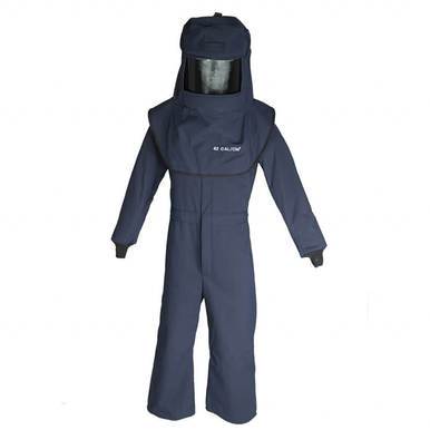 An Oberon LAN40 Series Arc Flash Hood and Coverall Suit Set, featuring a dark blue design with an attached hood and a True Color Grey face shield, is displayed standing upright against a white background. This suit, designed for electrical safety, has an impressive arc rating of 42 cal/cm².