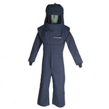 An Oberon LAN40 Series Arc Flash Hood and Coverall Suit Set, featuring a dark blue design with an attached hood and a True Color Grey face shield, is displayed standing upright against a white background. This suit, designed for electrical safety, has an impressive arc rating of 42 cal/cm².