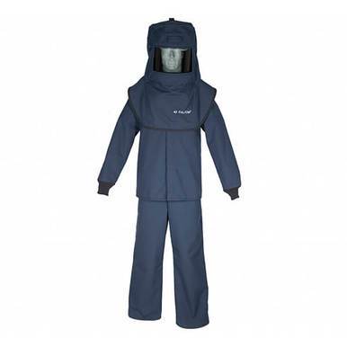 A mannequin wearing the Oberon LNS4 Series Arc Flash Hood, Coat, and Bib Suit Set. The suit is dark blue and crafted from flame-resistant fabric for full body coverage. It features an impressive Arc Rating of 42 cal/cm², providing maximum protection in hazardous environments.