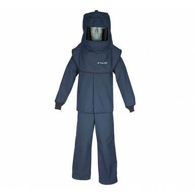 A mannequin is dressed in the Oberon LNS4 Series Arc Flash Hood, Coat, and Bib Suit Set in dark blue. This ensemble includes a coat, bib pants, and a hood with a clear face shield. Made by Oberon from flame-resistant fabric with an arc rating of 42 cal/cm², it is designed to provide safety in hazardous environments.