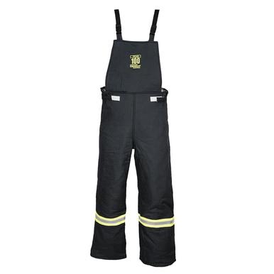 The Oberon TCG100 Series Ultralight Arc Flash Bib Overalls, made by Oberon, are black insulated bib overalls constructed from durable aramid fabric. They feature adjustable straps and reflective yellow bands on the legs. The chest area displays a printed logo. With a remarkable Arc Rating of 100 cal/cm², they are ideal for cold or hazardous environments.