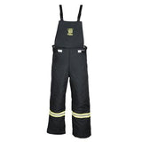 The Oberon TCG100 Series Ultralight Arc Flash Bib Overalls, made by Oberon, are black protective firefighter pants that come with suspenders and are constructed from durable aramid fabric. They feature yellow reflective stripes near the bottom for high visibility and have an arc rating of 100 cal/cm², ensuring safety in hazardous conditions. Additionally, they include a logo on the chest area.