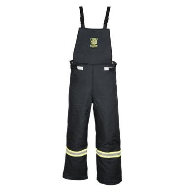 The Oberon TCG100 Series Ultralight Arc Flash Bib Overalls by Oberon are fire-resistant and crafted from durable aramid fabric. They feature adjustable straps and reflective yellow stripes around the legs for enhanced safety and visibility. With an exceptional arc rating of 100 cal/cm², these overalls provide maximum protection on the job.