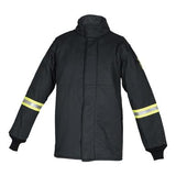 Introducing the Oberon TCG100 Series Ultralight Arc Flash Coat: a black jacket meticulously crafted from durable aramid fabric, featuring reflective yellow hi-vis striping around the sleeves. Designed to offer maximum protection, it also includes a high collar and a secure front closure.