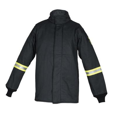 Introducing the Oberon TCG100 Series Ultralight Arc Flash Coat, a dark jacket with high-visibility striping and reflective yellow bands on the sleeves. Made from robust aramid fabric, this coat provides exceptional protection, boasting a high collar and insulated lining. For enhanced safety, it features a concealed zipper closure at the front.