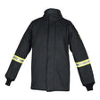 The Oberon TCG100 Series Ultralight Arc Flash Coat, crafted by Oberon, is a black firefighter jacket made from durable aramid fabric. It features high-visibility yellow stripes around the arms on a white background and is designed with a high collar and front closure to ensure safety and visibility in all conditions.