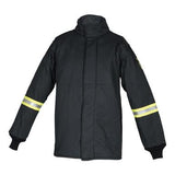 The Oberon TCG100 Series Ultralight Arc Flash Coat, crafted by Oberon, is a black firefighter jacket made from durable aramid fabric. It features high-visibility yellow stripes around the arms on a white background and is designed with a high collar and front closure to ensure safety and visibility in all conditions.