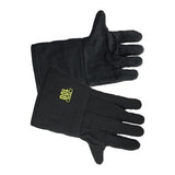 A pair of Oberon TCG100 Series Ultralight Arc Flash Gloves features a yellow "100" logo on the wrist area. One glove displays its palm up and the other palm down, highlighting their design and texture. These black gloves provide top-tier protection with an Arc Rating of 100 cal/cm², making them ideal for PPE Category 4+.