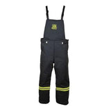 The Oberon TCG140B Series Ultralight Arc Flash Bib Overalls, crafted from Aramid fabric and featuring adjustable straps, are designed for heavy-duty outdoor work. With reflective yellow bands near the ankles and a logo on the chest that enhances their sleek design, these black waterproof overalls offer superior protection as PPE Category 4+.