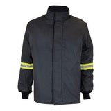 The Oberon TCG140B Series Ultralight Arc Flash Coat, made by Oberon, is a dark firefighter jacket constructed from durable aramid fabric. It features reflective yellow stripes on the sleeves and provides enhanced protection with an arc rating of 140 cal/cm². This coat is designed with a high collar, zippered front, and black cuffs for added functionality.