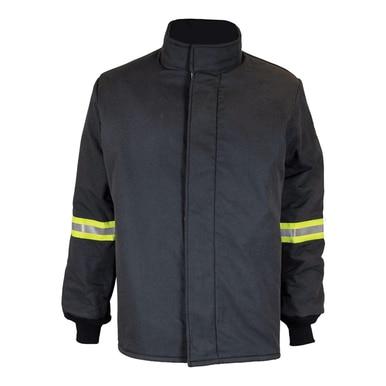 The Oberon TCG140B Series Ultralight Arc Flash Coat, made from high-quality aramid fabric, includes reflective yellow stripes on the sleeves for enhanced visibility. It is designed with a high collar and a front zipper hidden by a flap, along with ribbed cuffs for a comfortable fit. With an outstanding arc rating of 140 cal/cm², this dark-colored coat expertly combines safety and style.