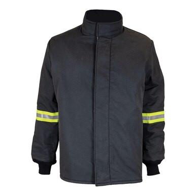 Introducing the Oberon TCG140B Series Ultralight Arc Flash Coats: a black jacket from Oberon featuring a high collar, long sleeves, and crafted from durable aramid fabric. It includes reflective yellow stripes near the elbows in its simple yet functional design, making it ideal for safety or work environments.