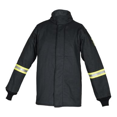 The Oberon TCG25 Series Ultralight Arc Flash Coat by Oberon is a dark green firefighting jacket made from durable aramid fabric. It features reflective yellow and silver stripes on the sleeves, designed with a high collar and zippered front for added protection, ensuring both safety and comfort on the job.