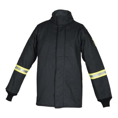 The Oberon TCG25 Series Ultralight Arc Flash Coat is a dark insulated jacket with reflective yellow stripes around the sleeves, made from durable aramid fabric. It features a high collar and extended cuffs, making it perfect for cold weather or protective purposes.