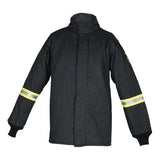 The Oberon TCG25 Series Ultralight Arc Flash coat by Oberon is crafted from aramid fabric in a dark green color, featuring reflective yellow stripes on the sleeves. It is designed with a high collar and black cuffs for safety and is ideal for firefighting or other hazardous environments.