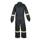 These Oberon TCG25 Series Ultralight Arc Flash Coveralls, crafted in the USA from durable aramid fabric, include reflective yellow bands on the sleeves and legs. Featuring a front zipper and elastic cuffs at the wrists and ankles, these coveralls are designed for optimal protection.