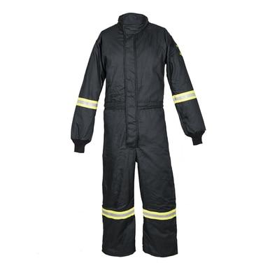 The Oberon TCG25 Series Ultralight Arc Flash Coveralls, created by Oberon, is a black protective jumpsuit constructed from durable aramid fabric and features yellow reflective stripes around the sleeves and legs. It is specially designed for safety purposes, with a high collar and a front zipper closure, proudly made in the USA.