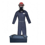 A mannequin displays the Oberon TCG2P Series Ultralight Premium Arc Flash Kit, featuring a full-body dark blue protective suit made from flame-resistant fabric, along with a helmet and face shield. This complete kit is presented next to a large blue carrying bag, highlighting both safety and convenience.