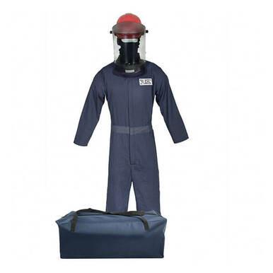 An Oberon TCG2P Series Ultralight Premium Arc Flash Kit, featuring a protective suit with a full face shield, black respirator, and red helmet, is displayed on a stand. Crafted from flame-resistant fabric, it includes a matching blue carrying bag placed in front.