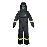 The Oberon TCG25 Series Arc Flash Hood and Coverall Suit Set, by Oberon, is a black hazmat suit constructed from durable Aramid fabric. It features reflective yellow stripes on the arms and legs and includes a hood for head protection with a visor for face coverage, making it an essential component of any comprehensive arc flash kit.