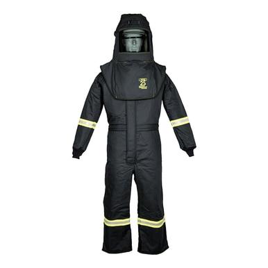 The Oberon TCG25 Series Arc Flash Hood and Coverall Suit Set, designed for maximum safety, features a black protective suit made from aramid fabric. It includes a helmet, reflective stripes on the sleeves and legs, and a face shield. The suit boasts a safety-focused design with the Oberon logo on the chest and True Color Grey (TCG) accents to enhance visibility, along with slightly extended arms for added protection.