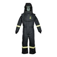 Introducing the Oberon TCG25 Series Arc Flash Hood and Coverall Suit Set: a black protective suit made from durable Aramid fabric, featuring yellow reflective stripes on the arms and legs. This kit also includes an attached face shield and hood, designed to ensure safety in hazardous environments.