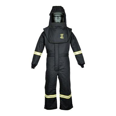 Introducing the Oberon TCG25 Series Arc Flash Hood and Coverall Suit Set: a black protective suit made from durable Aramid fabric, featuring yellow reflective stripes on the arms and legs. This kit also includes an attached face shield and hood, designed to ensure safety in hazardous environments.