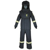 The Oberon TCG25 Series Arc Flash Hood, Coat, and Bib Suit Set is a dark protective suit designed for safety with Aramid fabric. It includes a hood and face shield and features reflective stripes on the sleeves and legs. The suit is displayed against a white background.