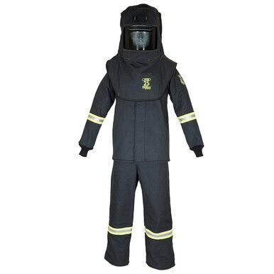 The Oberon TCG25 Series Arc Flash Hood, Coat, and Bib Suit Set includes a helmet and visor made from Aramid fabric, featuring dark material with reflective yellow stripes on the sleeves and legs. Designed for maximum safety, it offers complete body coverage with a high-neck hood that provides head protection while incorporating True Color Grey technology for improved visibility.