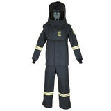 The Oberon TCG25 Series Arc Flash Hood, Coat, and Bib Suit Set is a black protective ensemble made with durable Aramid fabric. It includes a helmet and face shield. The suit features reflective yellow stripes on the sleeves and pant legs. Designed for high-heat environments, this robust suit stands upright against a white background, highlighting its sturdy construction.