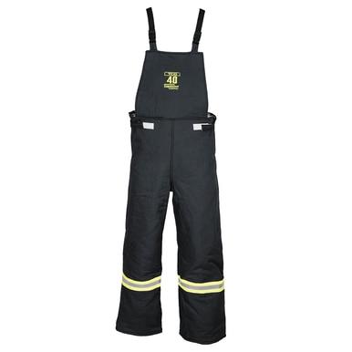 The Oberon TCG40 Series Ultralight Arc Flash Bib Overalls feature a dark shade crafted from durable aramid fabric, equipped with adjustable straps and visible reflective stripes near the bottom. These overalls prominently display an arc rating of 46 cal/cm² on the chest area, providing top-tier arc flash clothing protection.