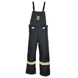 Oberon's TCG40 Series Ultralight Arc Flash Bib Overalls are crafted from durable Aramid fabric, featuring yellow reflective stripes and adjustable straps to enhance safety. The front showcases the "40 Cal ArcGuard" logo, highlighting its status as premium Arc Flash Clothing. These protective black overalls are displayed against a plain white background.