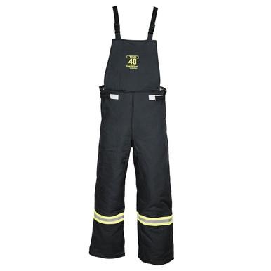 The Oberon TCG40 Series Ultralight Arc Flash Bib Overalls are black, insulated safety coveralls crafted from durable Aramid fabric. They feature adjustable shoulder straps, reflective yellow stripes around the lower legs, and an embroidered Oberon logo on the chest. Designed for arc flash protection, they offer an impressive arc rating of 46 cal/cm² for ultimate safety.