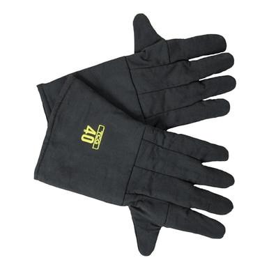 The Oberon TCG40 Series Ultralight Arc Flash Gloves, with the model name TCG40-GLOVE, are black gloves featuring the number "40" and a yellow logo on the top of each glove. Designed for electrical worker protection, these gloves are shown laid flat, displaying five fingers on each glove.