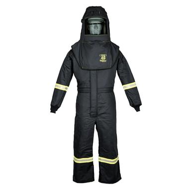 The Oberon TCG40 Series Arc Flash Hood and Coverall Suit Set comes in black with reflective stripes on the arms and legs, featuring aramid fabric for enhanced protection. It includes an integrated hood and face shield, making it ideal for hazardous environments.