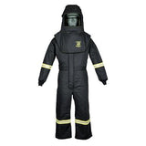 The Oberon TCG40 Series Arc Flash Hood and Coverall Suit Set comes in black with reflective stripes on the arms and legs, featuring aramid fabric for enhanced protection. It includes an integrated hood and face shield, making it ideal for hazardous environments.