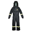 The Oberon TCG40 Series Arc Flash Hood and Coverall Suit Set is a full-body protective suit in black, constructed from durable aramid fabric. It includes a hood and face cover, features reflective stripes on the arms and legs, and has a "40" patch on the chest. Expertly designed by Oberon for safety and protection in hazardous situations.