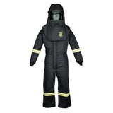 The Oberon TCG40 Series Arc Flash Hood and Coverall Suit Set is a full-body protective suit in black, constructed from durable aramid fabric. It includes a hood and face cover, features reflective stripes on the arms and legs, and has a "40" patch on the chest. Expertly designed by Oberon for safety and protection in hazardous situations.