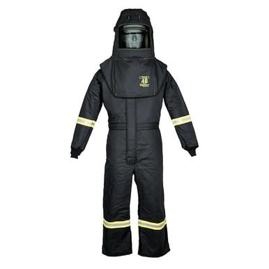 The Oberon TCG40 Series Arc Flash Hood and Coverall Suit Set is a full-body protective suit in black, constructed from durable aramid fabric. It includes a hood and face cover, features reflective stripes on the arms and legs, and has a "40" patch on the chest. Expertly designed by Oberon for safety and protection in hazardous situations.