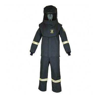 An Oberon TCG40 Series Arc Flash Hood, Coat, and Bib Suit Set is displayed upright, crafted from durable aramid fabric. The suit is dark-colored with bright reflective stripes on the arms and legs. It includes a helmet with a clear visor for head protection.