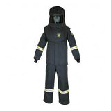 The Oberon TCG40 Series Arc Flash Hood, Coat, and Bib Suit Set is a comprehensive protective ensemble made from robust aramid fabric, including a helmet and visor. The dark suit is enhanced with reflective yellow stripes on the arms and legs for improved visibility in hazardous situations. It is showcased against a plain background.