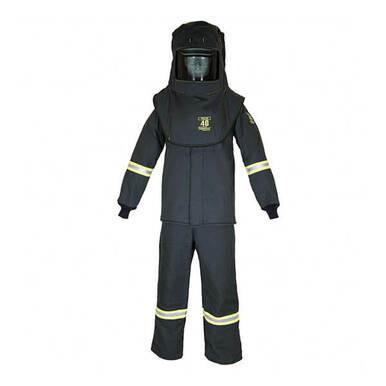 The Oberon TCG40 Series Arc Flash Hood, Coat, and Bib Suit Set is designed for full-body protection and crafted in true color grey. It includes a robust helmet with a visor and features reflective stripes on the sleeves and pant legs to ensure safety in hazardous situations.