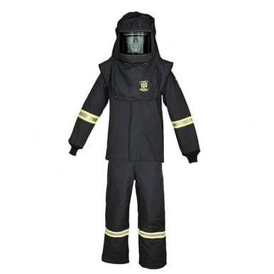 The Oberon TCG100 Series Arc Flash Hood, Coat, and Bib Suit Set features a sleek black design with yellow reflective stripes on the sleeves and legs. It includes a protective helmet and visor for enhanced safety. Incorporating True Color Grey Technology, this suit is designed to protect personnel handling explosive devices. Additionally, it offers an impressive Arc Rating of 100 cal/cm² with its Arc Flash Hood.