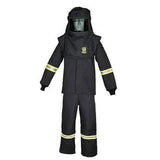 The Oberon TCG100 Series Arc Flash Hood, Coat, and Bib Suit Set features a sleek black design with yellow reflective stripes on the sleeves and legs. It includes a protective helmet and visor for enhanced safety. Incorporating True Color Grey Technology, this suit is designed to protect personnel handling explosive devices. Additionally, it offers an impressive Arc Rating of 100 cal/cm² with its Arc Flash Hood.